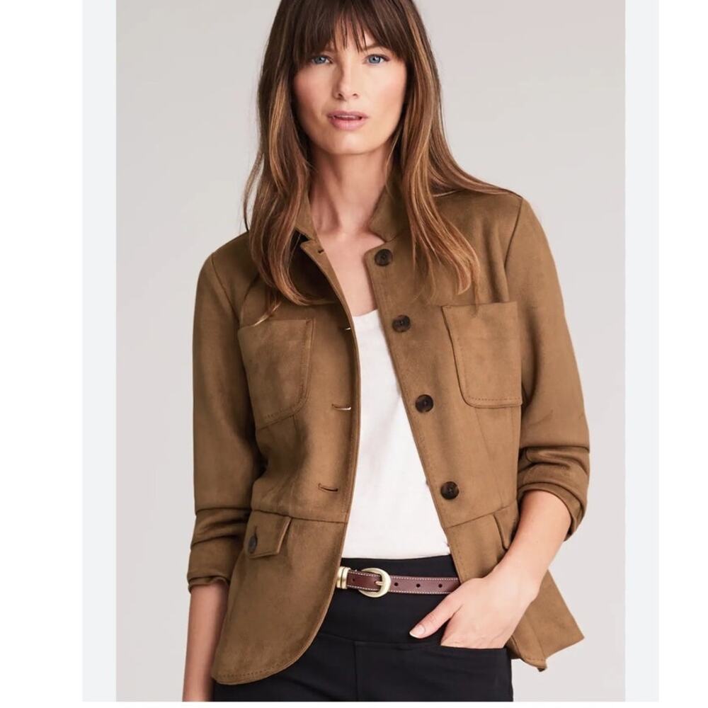 J.Jill NWT Faux Suede Patch Pocket Jacket Brown Sz M Petite Barn Western Boho